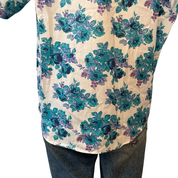 Vintage 90s floral print button down short sleeve shirt white blue M - Picture 6 of 16